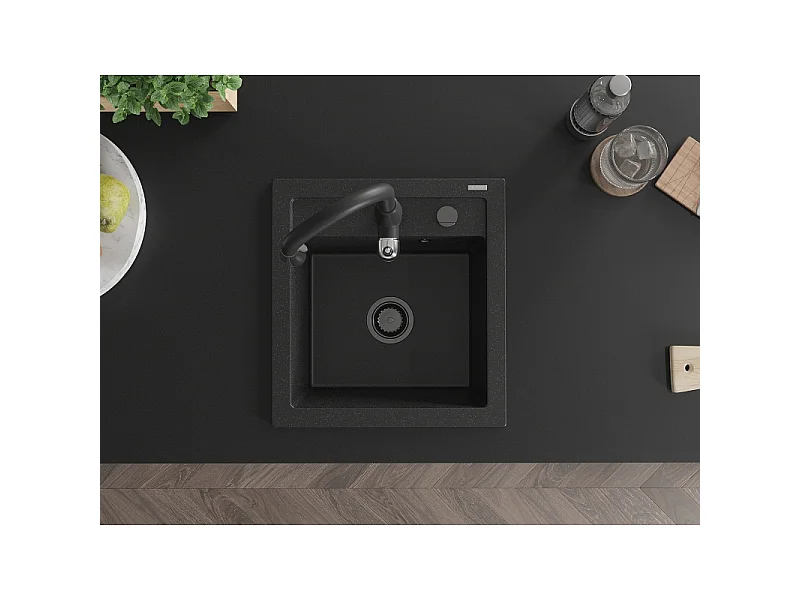 Mexen Vito granite sink 1-bowl with Savita kitchen tap, black/silver metallic - 6503-73-672601-70-B