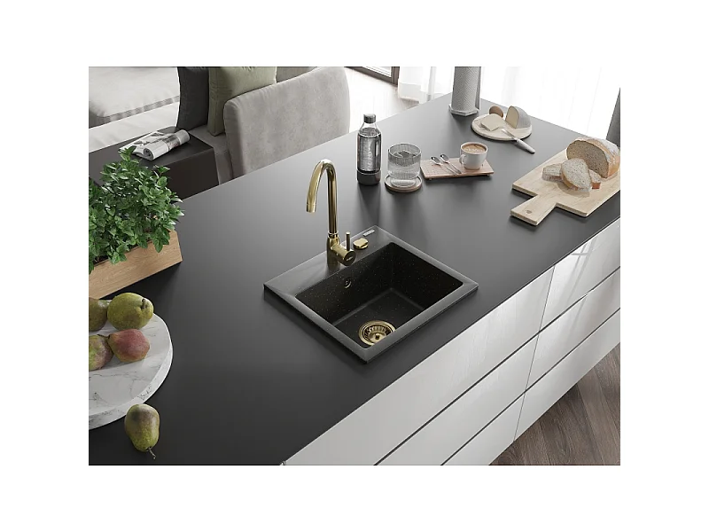 Mexen Milo 1-bowl granite sink 435 x 410 mm, black/gold metallic, gold siphon - 6505441000-75-G