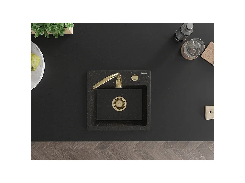 Mexen Milo 1-bowl granite sink 435 x 410 mm, black/gold metallic, gold siphon - 6505441000-75-G