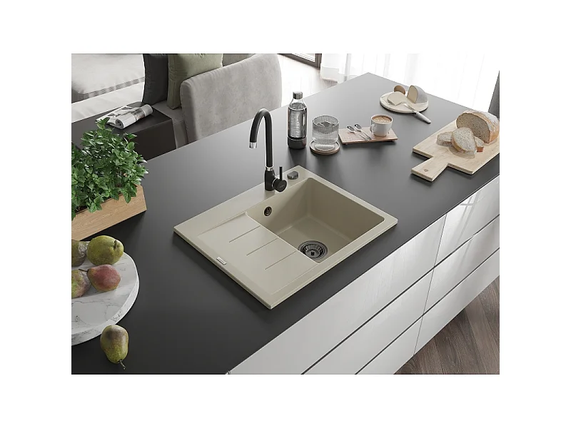 Mexen Ben lava-louça de granito de 1 cuba com escorredor, direito 600 x 500 mm, bege, sifão preto - 6523605000-69-B