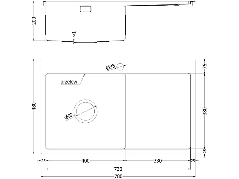 Mexen Exar fregadero de acero inoxidable de 1 seno con escurridor, izquierdo 780 x 480 mm, inox HC - 6433781010L-01HC
