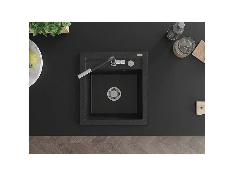Mexen Vito granite sink 1-bowl with Flora kitchen tap, black/silver metallic - 6503-73-670401-07