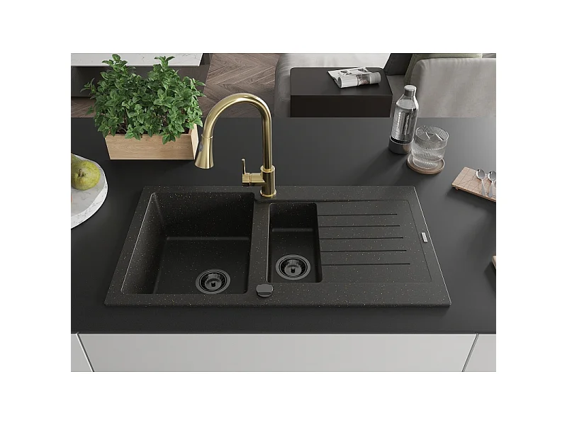 Mexen Matias Granitspüle 1,5-Becken mit Abtropffläche und Küchenarmatur Elia, schwarz/gold metallic - 6502-75-670101-50-B