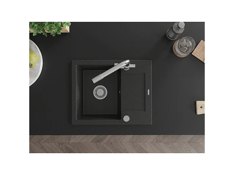 Mexen Enzo fregadero de granito de 1 seno con escurridor y grifo de cocina Duero, negro/metálico plateado - 6506-73-671600-00