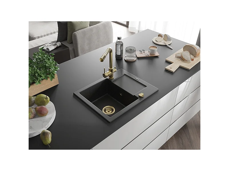 Mexen Enzo fregadero de granito de 1 cubeta con escurridor y grifo de cocina Duero, negro/plateado metálico - 6506-73-671600-50