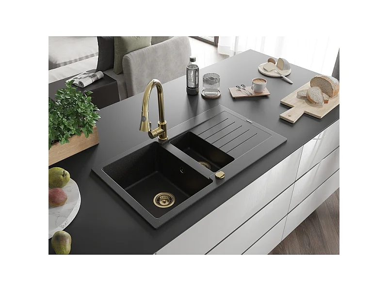 Mexen Matias fregadero de granito de 1,5 senos con escurridor y grifo de cocina Elia, negro/plateado metálico