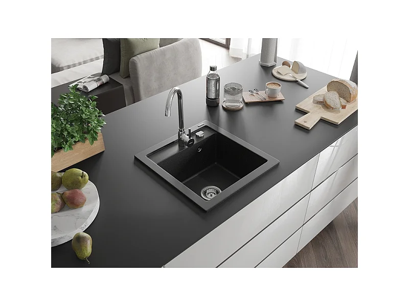 Mexen Vito Granite Sink 1-Bowl with Telma Kitchen Tap, Black/Silver Metallic - 6503-73-670200-00