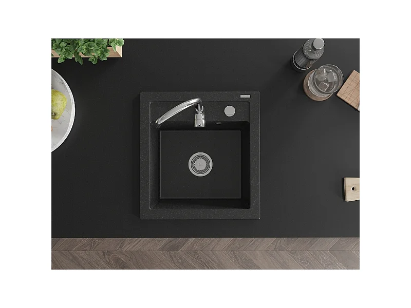Mexen Vito Granite Sink 1-Bowl with Telma Kitchen Tap, Black/Silver Metallic - 6503-73-670200-00