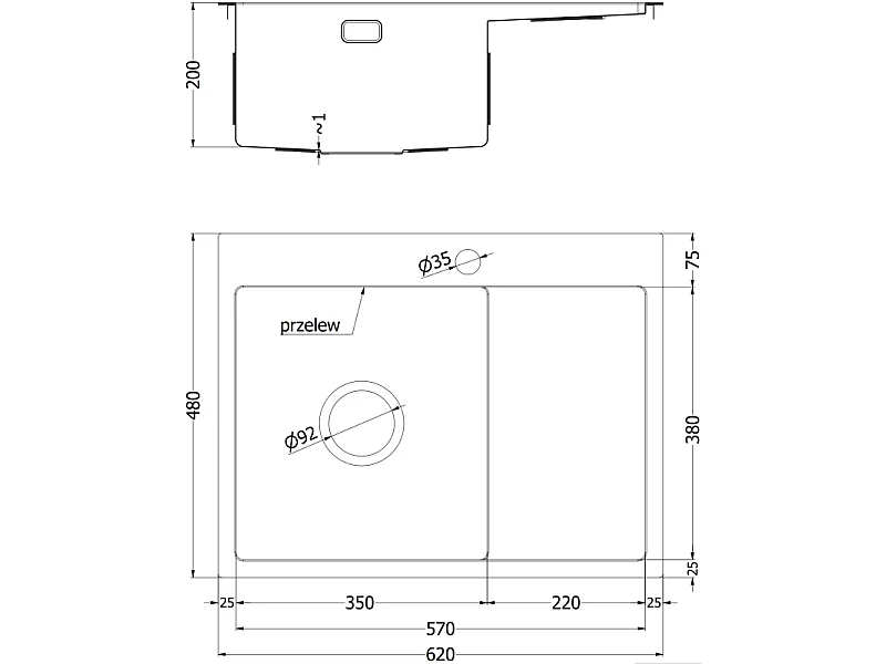 Mexen Exar fregadero de acero inoxidable de 1 seno con escurridor, derecho 620 x 480 mm, inox - 6432621005P-01