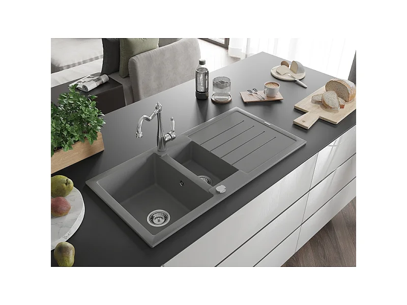 Mexen Andres 1.5-bowl granite sink with drainer and Carla kitchen tap, grey - 6515-71-670700-00