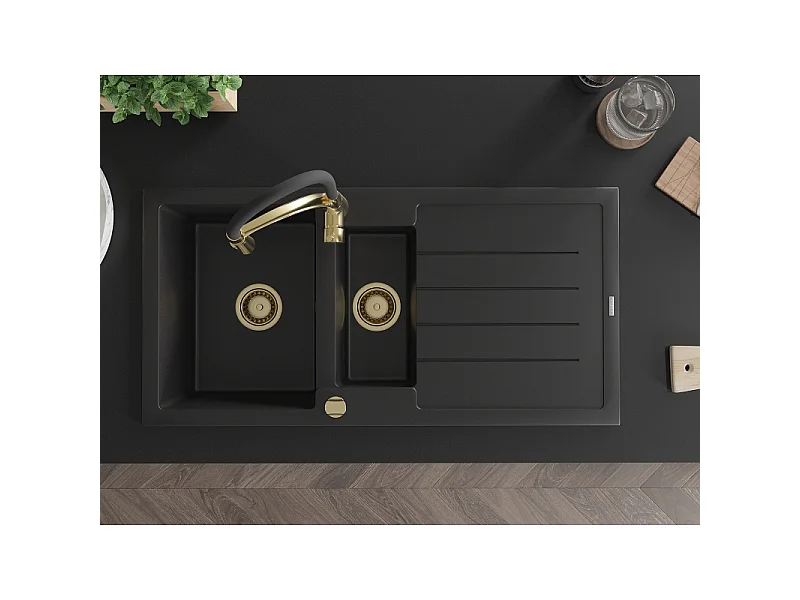 Mexen Andres Granitspüle 1,5-Becken mit Abtropffläche und Küchenarmatur Aster, schwarz - 6515-77-73450-57-G
