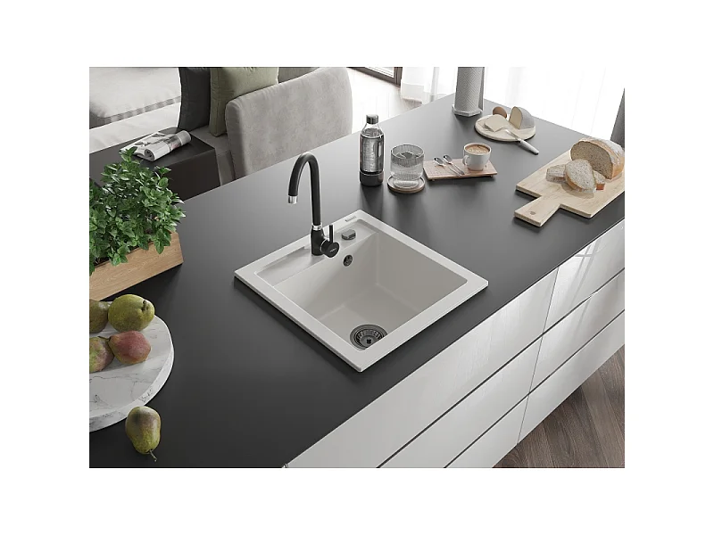 Mexen Vito évier en granit 1 bac 520 x 490 mm, blanc, siphon noir - 6503521000-20-B