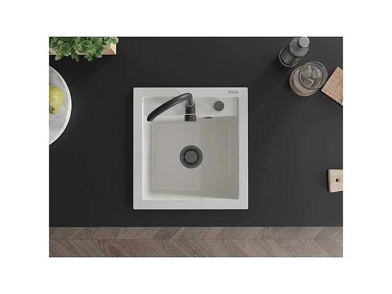 Mexen Vito évier en granit 1 bac 520 x 490 mm, blanc, siphon noir - 6503521000-20-B