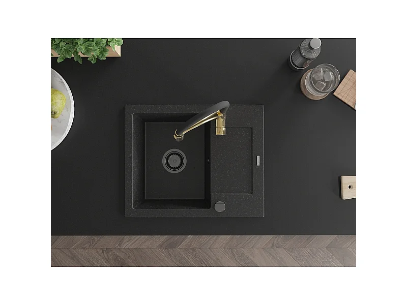 Mexen Enzo fregadero de granito de 1 cubeta con escurridor y grifo de cocina Aster, negro/plateado metálico