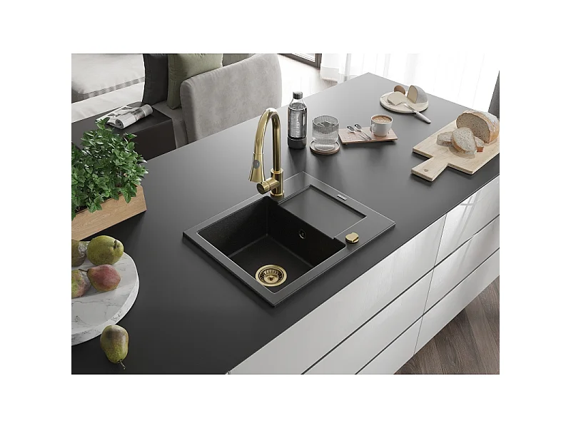 Mexen Enzo fregadero de granito de 1 compartimento con escurridor y grifo de cocina Elia, negro/plateado metálico
