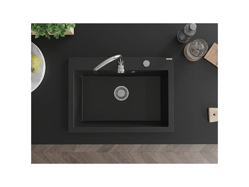 Mexen Elix lava-louça de granito de 1 bacia 700 x 500 mm, preto, sifão cromado - 6526701005-77
