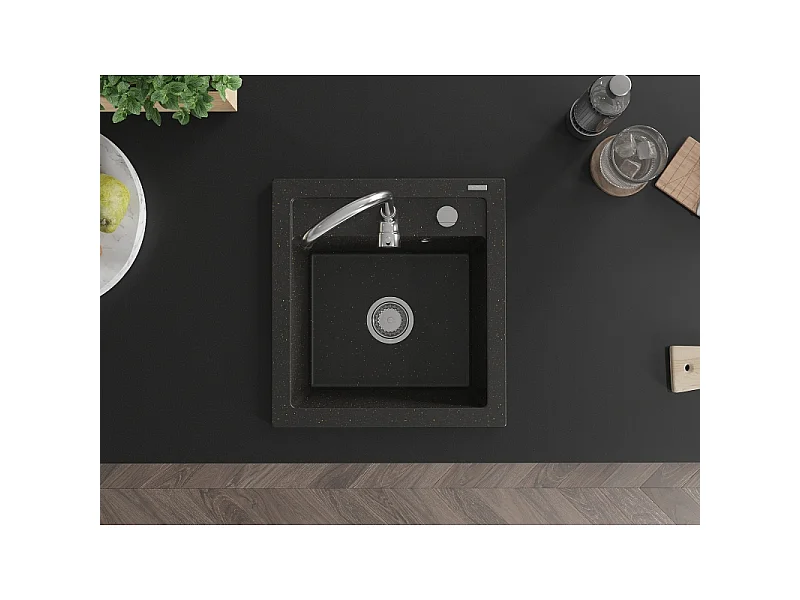 Mexen Vito évier en granit 1 cuve avec mitigeur de cuisine Telma, noir/metallic doré - 6503-75-670200-00