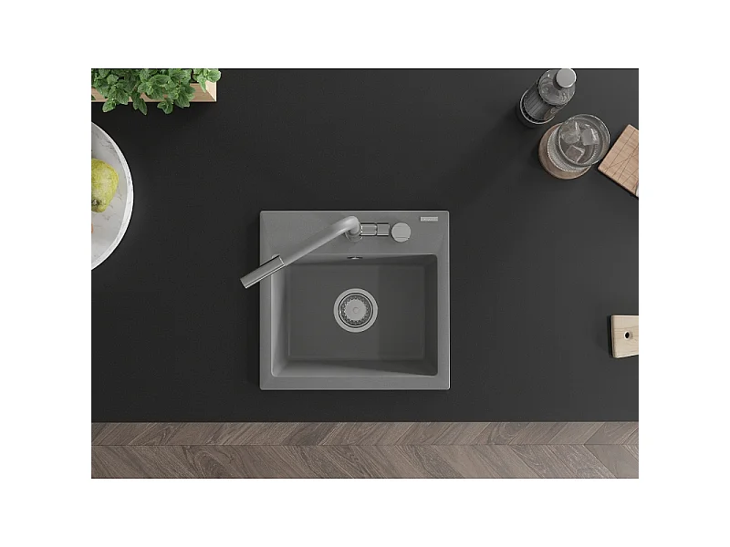 Mexen Milo 1-bowl Granite Sink with Flora Kitchen Tap, Grey - 6505-71-670401-06