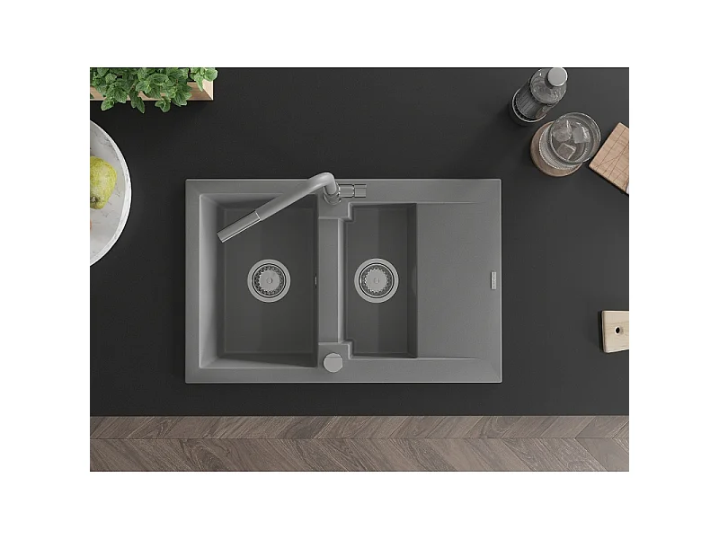 Mexen Gaspar Granite Sink 1.5-Basin with Drainer and Flora Kitchen Tap, Grey - 6507-71-670401-06