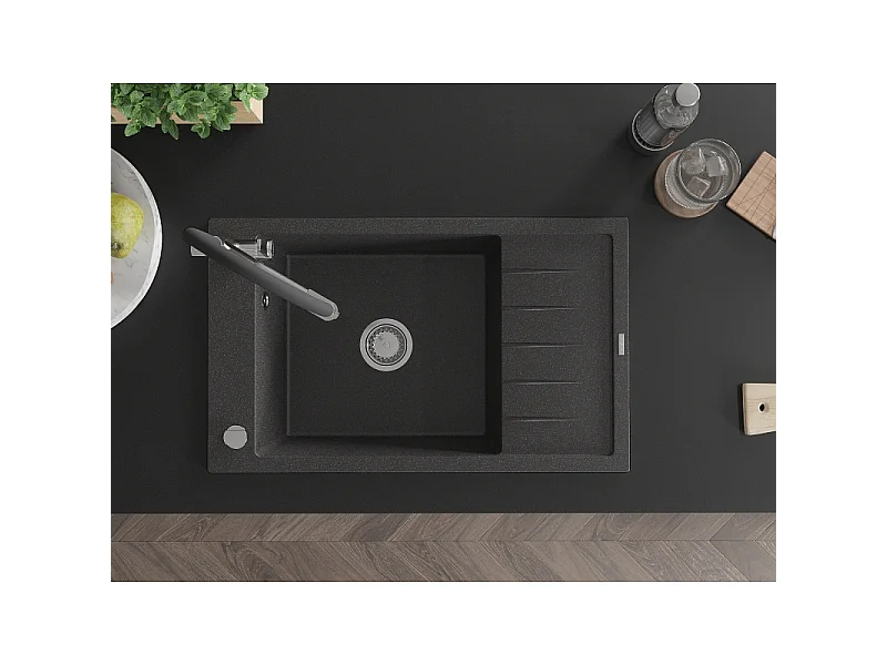 Mexen Elias single-bowl granite sink with drainer and Duo kitchen tap, black speckled - 6511-76-671701-07
