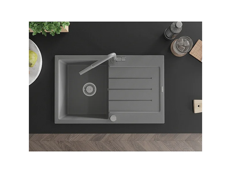 Mexen Bruno granite sink 1-bowl with drainer and Flora kitchen tap, grey - 6513-71-670401-06