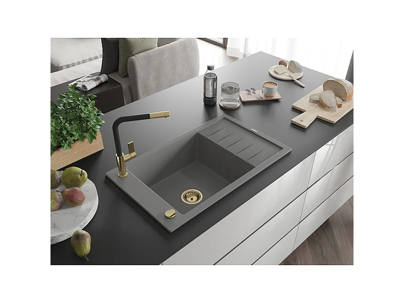 Mexen Elias 1-bowl granite sink with drainer and Flora kitchen tap, grey - 6511-71-670401-57-G