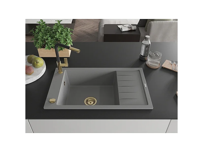 Mexen Elias 1-bowl granite sink with drainer and Flora kitchen tap, grey - 6511-71-670401-57-G