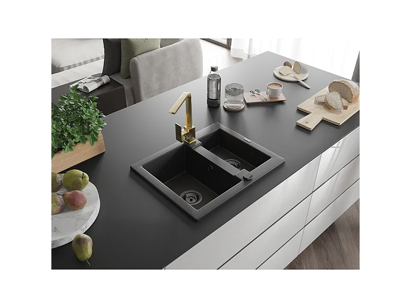 Mexen Carlos Granite Sink 1.5 Bowl with Rita Kitchen Tap, Black - 6518-77-670300-50-B