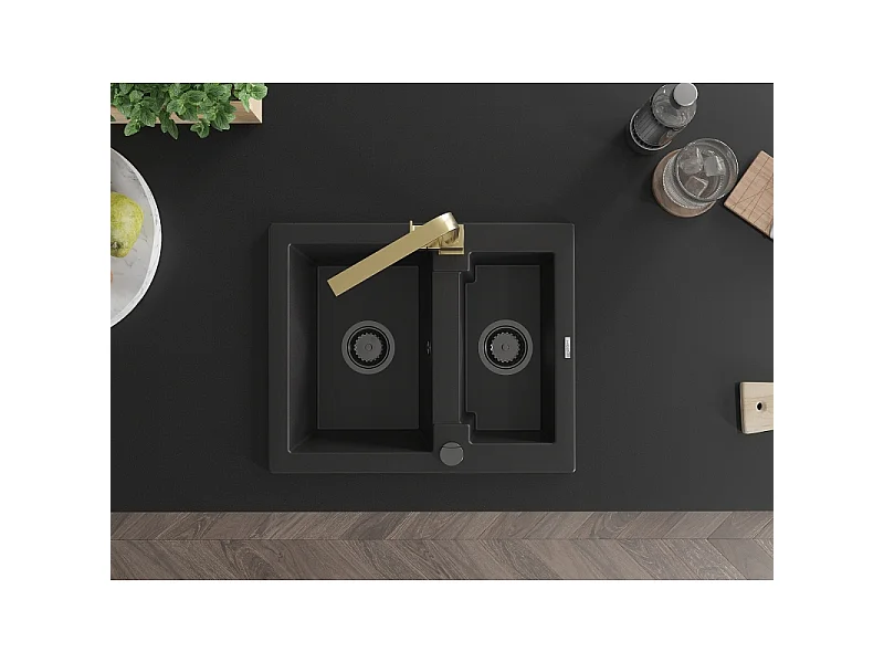 Mexen Carlos Granite Sink 1.5 Bowl with Rita Kitchen Tap, Black - 6518-77-670300-50-B