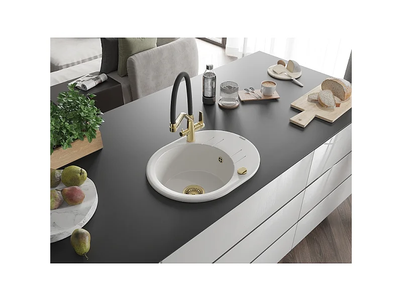 Mexen Kevin fregadero de granito de 1 seno con grifo de cocina Duo, blanco - 6517-20-671701-57-G