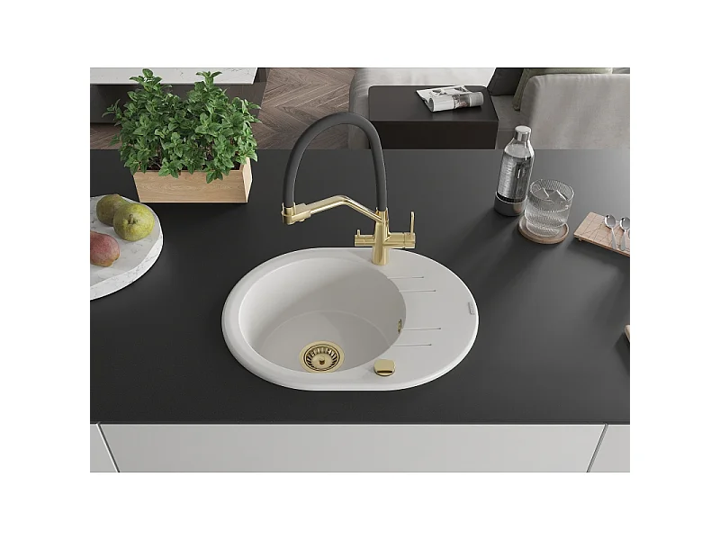 Mexen Kevin fregadero de granito de 1 seno con grifo de cocina Duo, blanco - 6517-20-671701-57-G