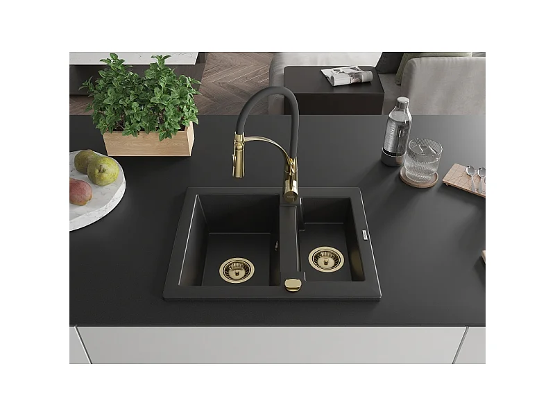 Mexen Carlos granite sink 1.5-bowl with Aster kitchen tap, black - 6518-77-73450-57-G