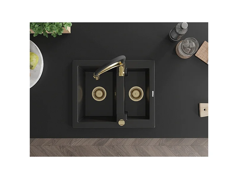 Mexen Carlos granite sink 1.5-bowl with Aster kitchen tap, black - 6518-77-73450-57-G