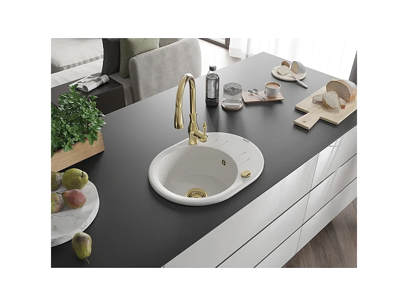 Mexen Kevin 1-bowl granite sink with drainer and Savita kitchen tap, white - 6517-20-672601-50