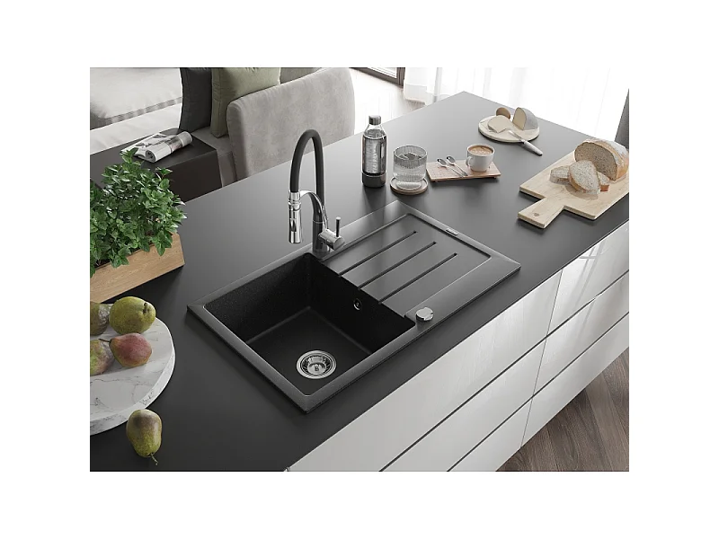 Mexen Bruno fregadero de granito de 1 seno con escurridor y grifo de cocina Aster, negro/plateado metálico - 6513-73-73450-07