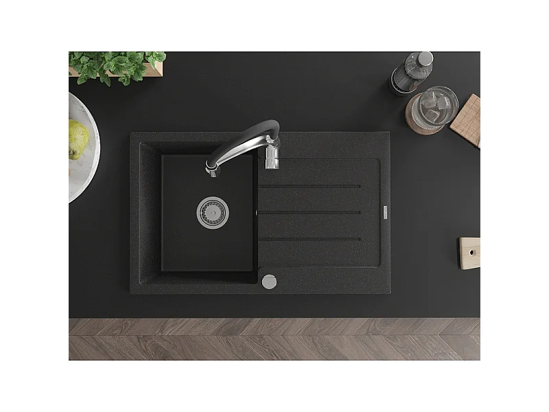 Mexen Bruno fregadero de granito de 1 seno con escurridor y grifo de cocina Aster, negro/plateado metálico - 6513-73-73450-07
