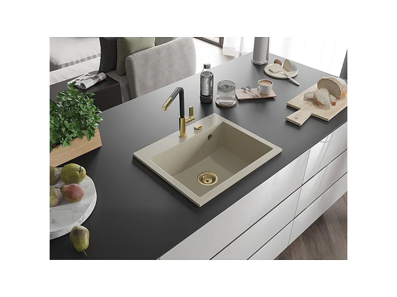 Mexen Oscar granitvask, 1-kammer, 580 x 490 mm, beige, gylden sifon - 6519581000-69-G