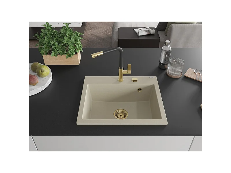 Mexen Oscar granitvask, 1-kammer, 580 x 490 mm, beige, gylden sifon - 6519581000-69-G