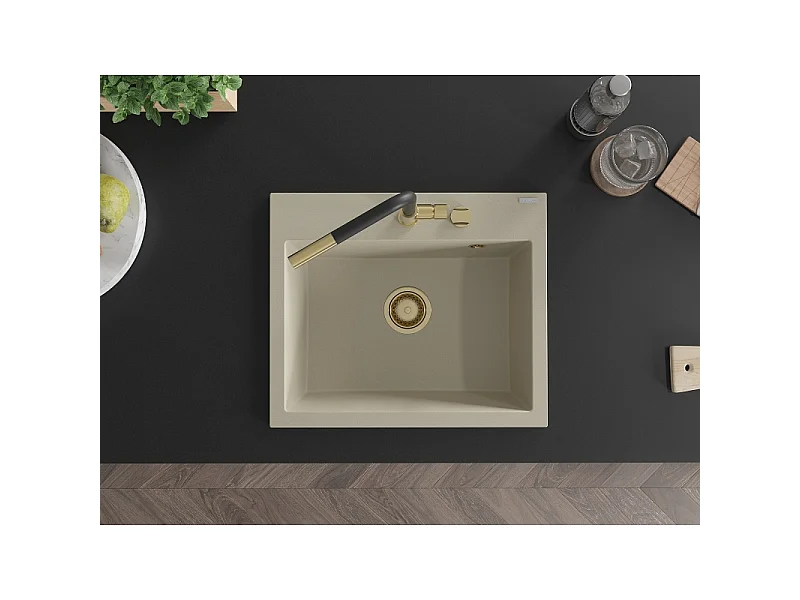 Mexen Oscar granitvask, 1-kammer, 580 x 490 mm, beige, gylden sifon - 6519581000-69-G
