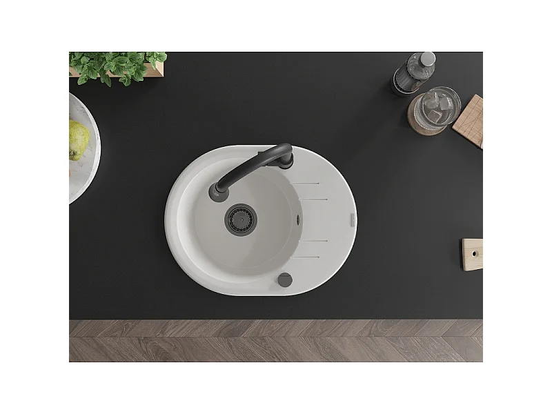 Mexen Kevin granite sink 1-bowl with drainer and Elia kitchen tap, white - 6517-20-670101-70