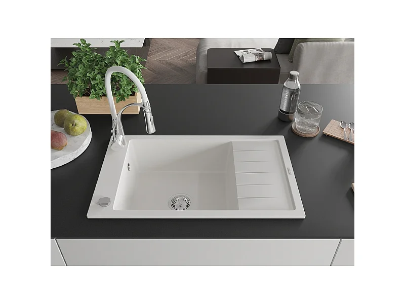 Mexen Elias fregadero de cocina de granito de 1 seno con escurridor y grifo de cocina Aster, blanco - 6511-20-73450-02