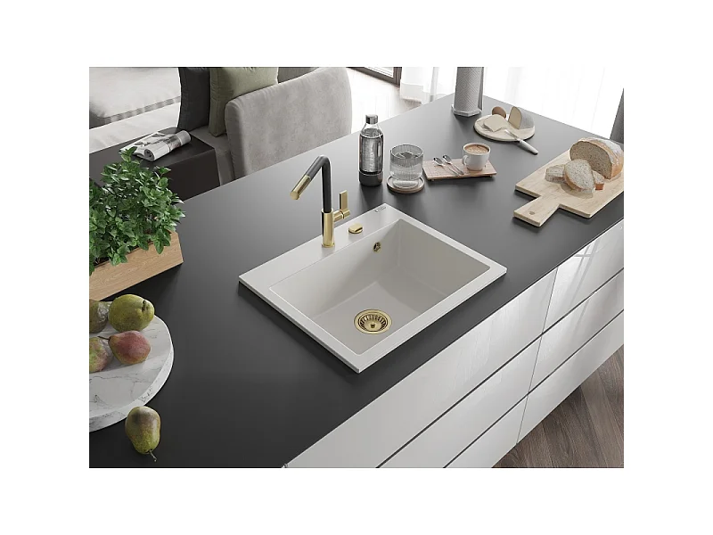 Mexen Oscar granit køkkenvask 1-kammer 580 x 490 mm, hvid, guld sifon - 6519581000-20-G