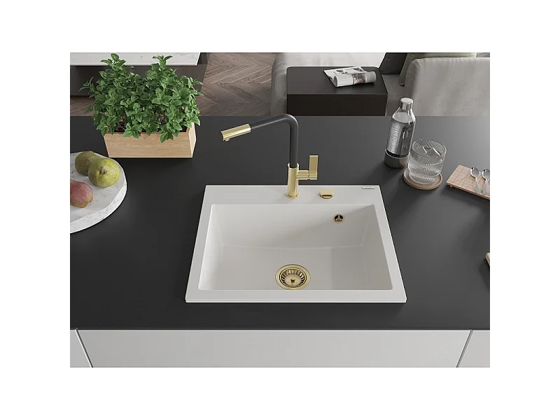 Mexen Oscar granit køkkenvask 1-kammer 580 x 490 mm, hvid, guld sifon - 6519581000-20-G