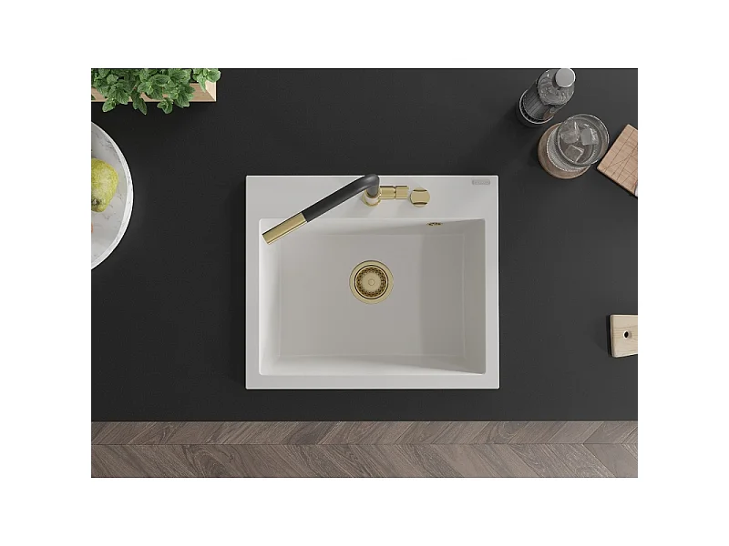 Mexen Oscar granit køkkenvask 1-kammer 580 x 490 mm, hvid, guld sifon - 6519581000-20-G