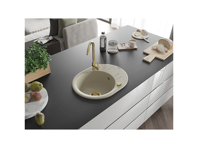 Mexen Kevin granitno pomivalno korito z eno istočasno komoro in odcejalnikom 586 x 458 mm, bež, sifon zlati - 6517581005-69-G