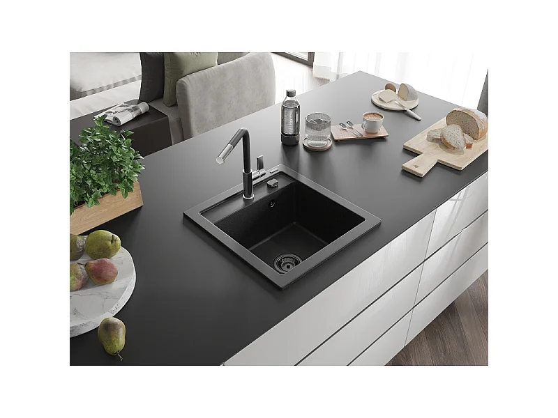 Mexen Vito 1-Bowl Granite Sink with Flora Kitchen Faucet, Black/Silver Metallic - 6503-73-670401-07-B
