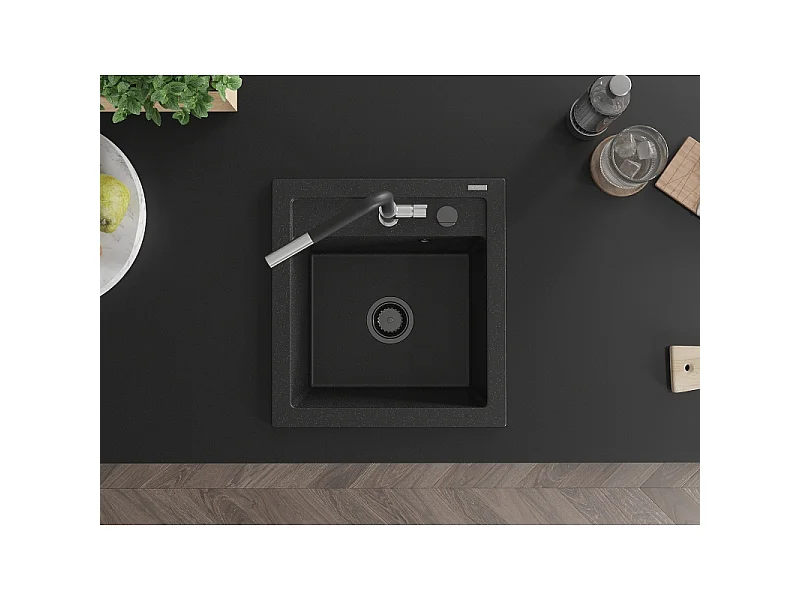 Mexen Vito 1-Bowl Granite Sink with Flora Kitchen Faucet, Black/Silver Metallic - 6503-73-670401-07-B