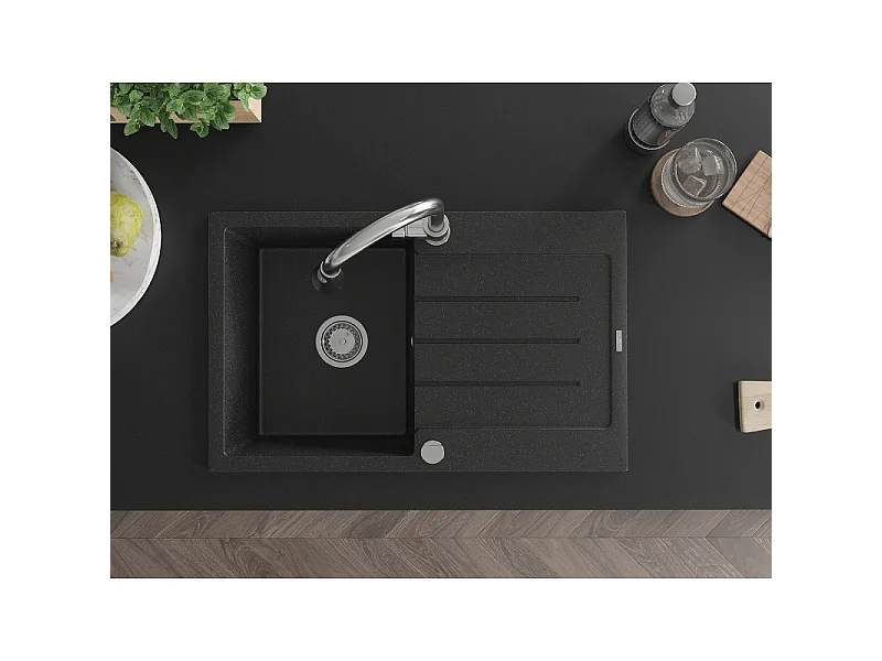 Mexen Bruno fregadero de granito de 1 cubeta con escurridor y grifo de cocina Elia, negro/plateado metálico - 6513-73-670101-00
