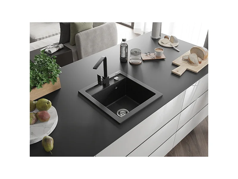 Mexen Vito 1-bowl granite sink with Rita kitchen tap, black/silver metallic - 6503-73-670300-70