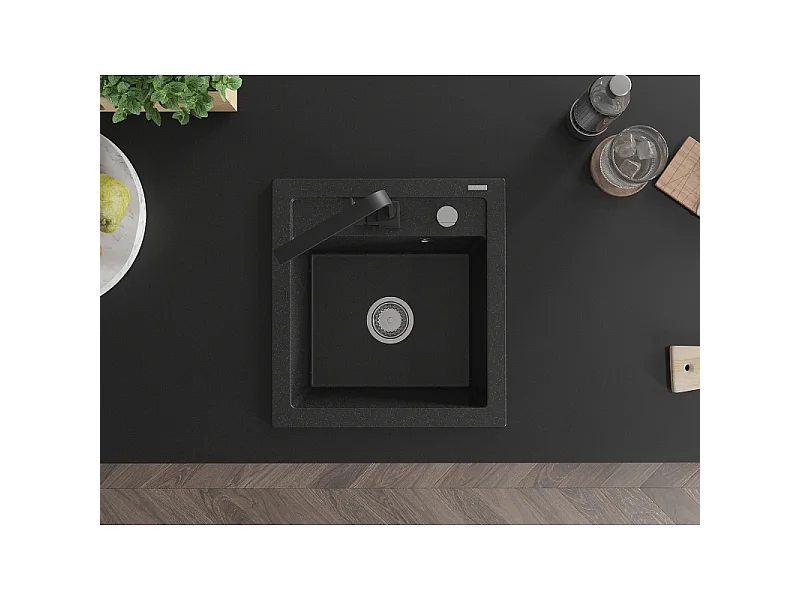 Mexen Vito 1-bowl granite sink with Rita kitchen tap, black/silver metallic - 6503-73-670300-70